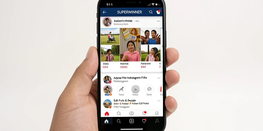 Tampilan antarmuka SUPERWINNER dengan berbagai pilihan filter Instagram.